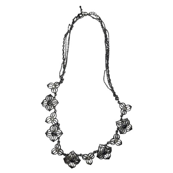 Black Floral Necklace Black and Clear Faux Gems Dark Chain Whimsigoth Witchy - Picture 1 of 3